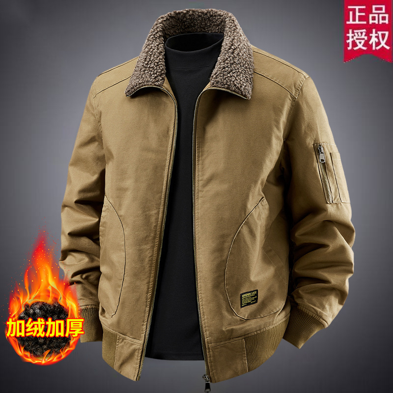 冬季羊羔绒棉衣男加绒加厚爸爸冬装翻领工装棉服保暖百搭夹克外套