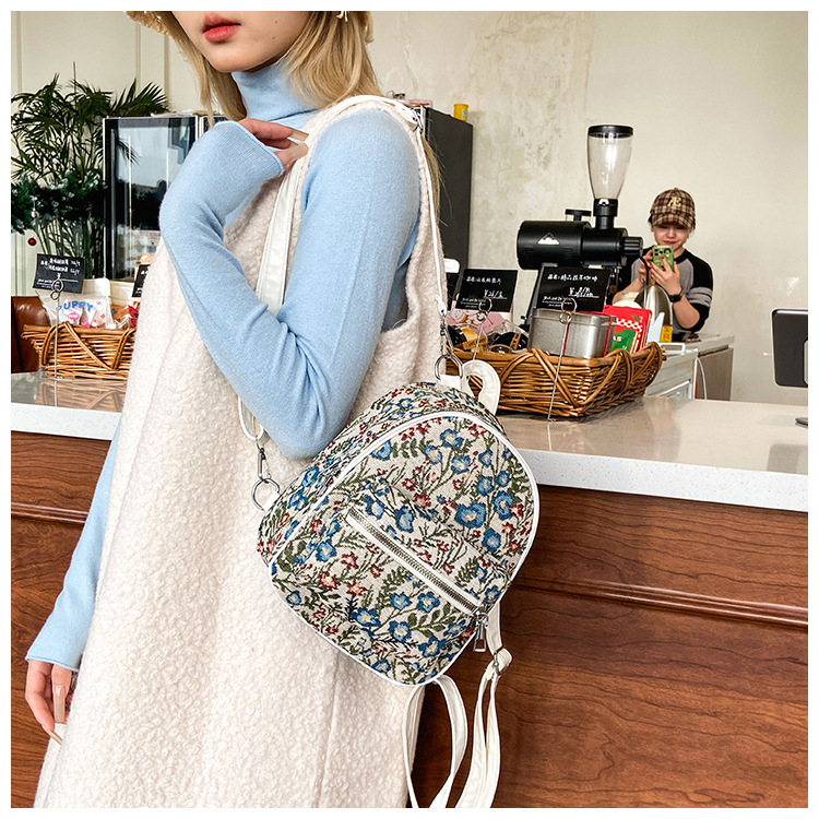 Double Shoulder Straps Strap Type Women's Pu Leather Flower Streetwear Sewing Thread Oval Zipper Functional Backpack