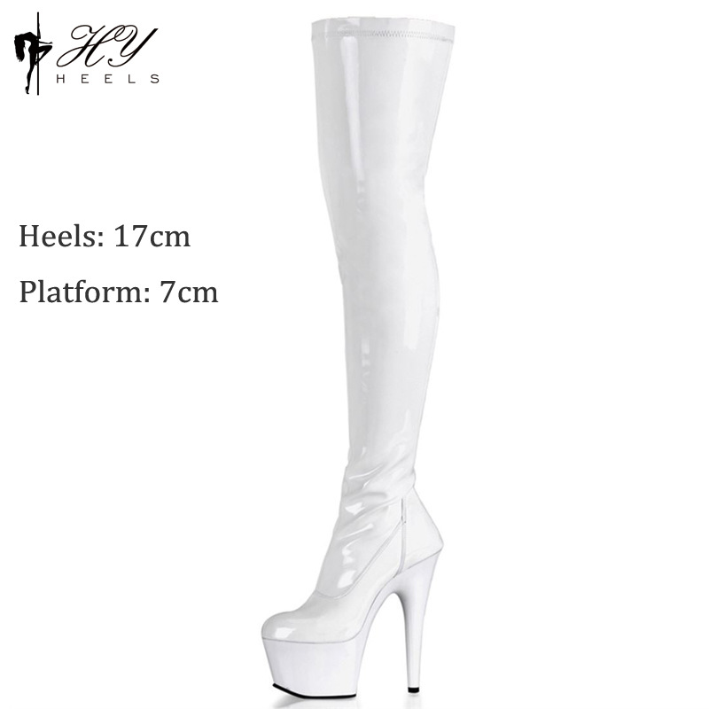 Boot cao gót nữ cổ cao quá đầu gối mũi tròn gót nhọn 17 cm — Màu đen, Màu hồng, Màu trắng, Màu đỏ