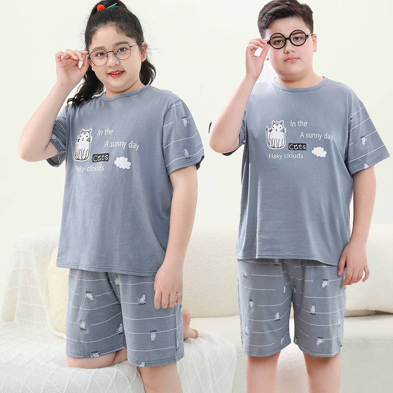 太った子供服の男の子の大きいサイズの夏服の薄いタイプのエアコンの服は肥えて家の服の青少年のパジャマの2セットのファッションを増加します。|undefined