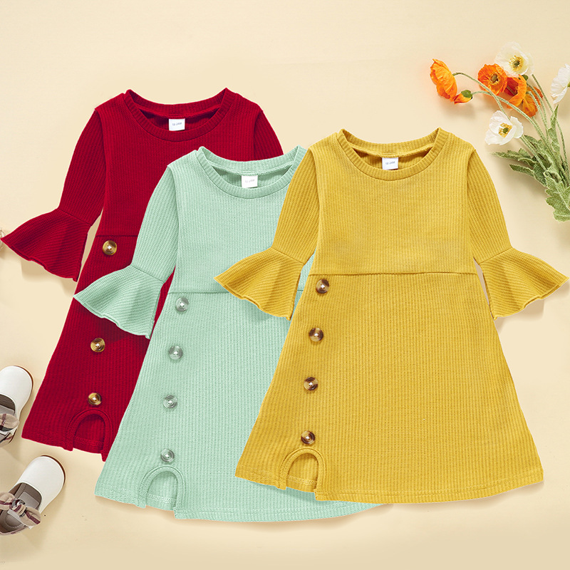2022 New Cross-border Foreign Trade Little Girls' Clothing Dresses Spring And Autumn Girls' Bell-sleeved Dresses European And American Trends