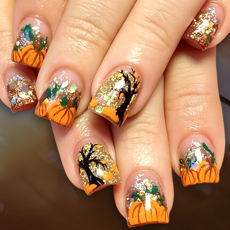 European and American Autumn and Winter Halloween Pumpkin Leaf Pattern Short Square 24-Piece Fake Nails Wholesale Removable Wearable Nails