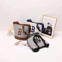 韩国新款mlb女包 NY字母印花刺绣帆布水桶包单肩手提斜挎托特包包