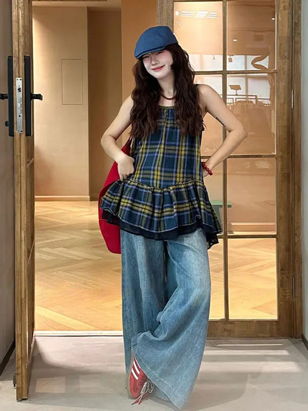 法式复古格纹无袖吊带女夏季小众别致宽松显瘦花边短裙上衣撞色|undefined