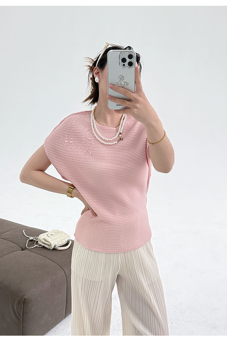 Áo thun nữ ngắn tay cổ tròn xếp ly co giãn cao — Tím hoa oải hương chi tiết 16