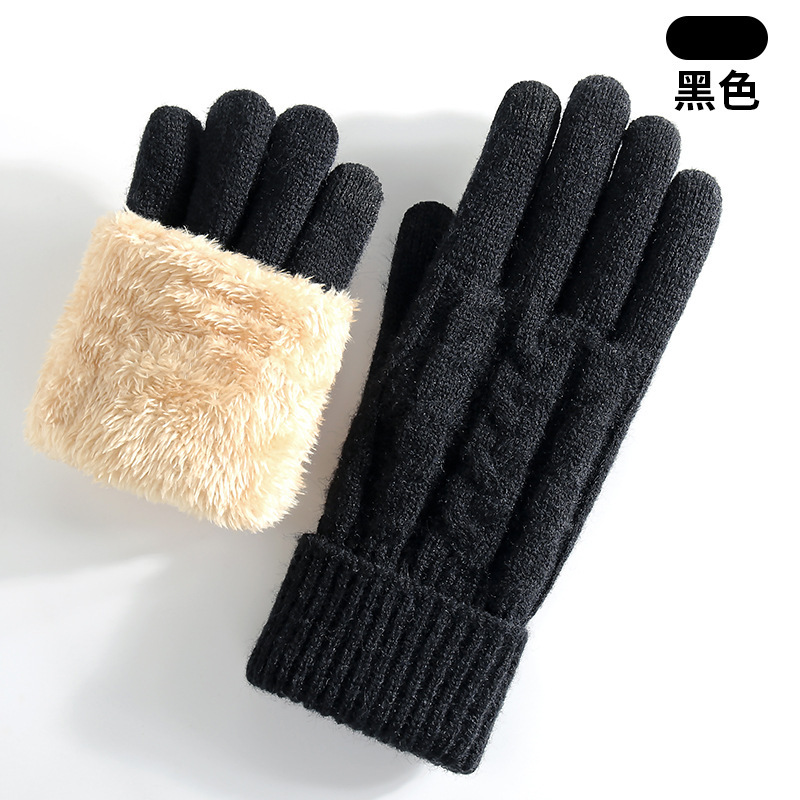 新しい女性用ニット手袋冬二重層プラスベルベット厚く暖かく防寒ジャカード屋外ウールタッチスクリーン手袋|undefined