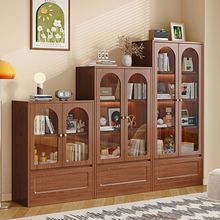 实木书柜带玻璃门收纳柜中古风客厅展示柜靠墙置物柜小户型收纳柜