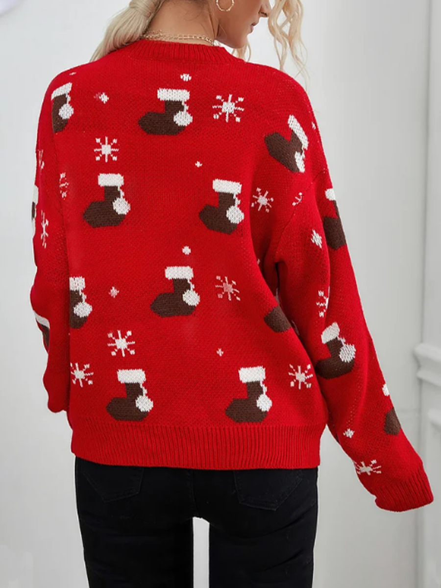 Weihnachtlicher Strickpullover für Damen – Gemütlicher Oversize-Pullover mit festlichen Mustern, weiche Polyester-Langarmtunika_voghion.com