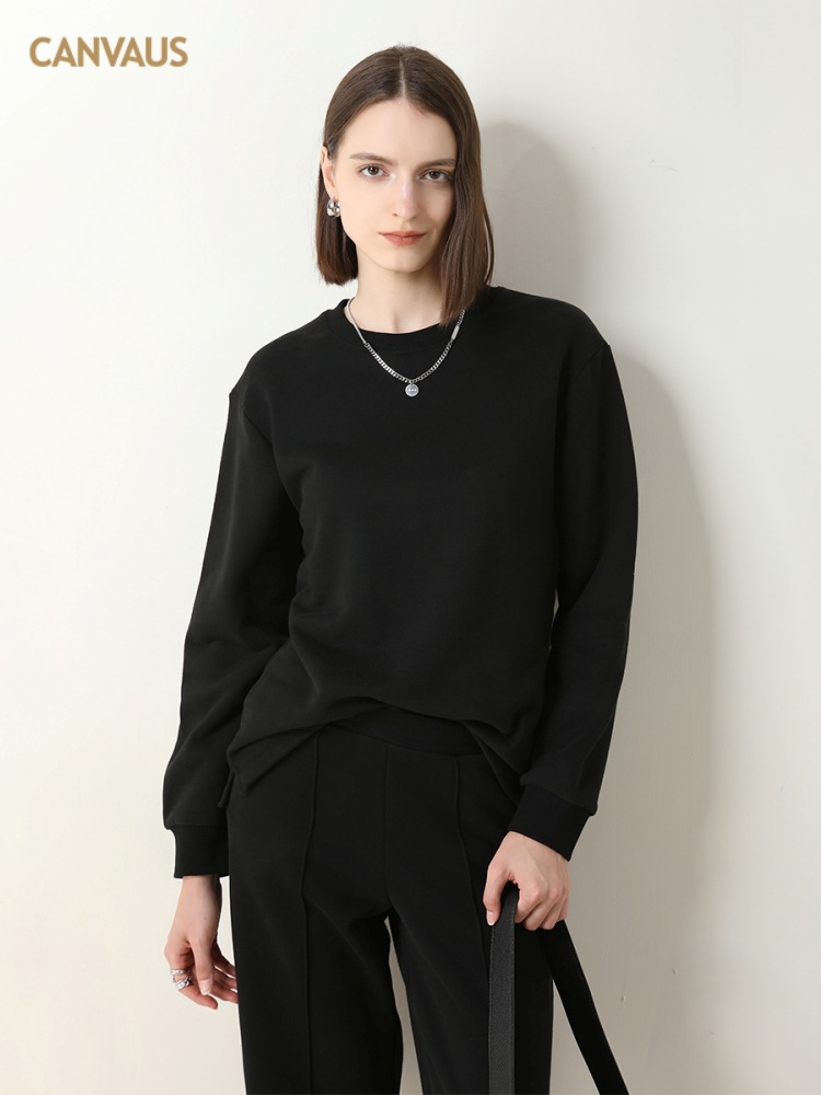 CANVAUS Otoño e Invierno suéter recto forrado de lana de las Mujeres Nuevo cuello redondo casual manga larga color sólido pullover Coat image 3