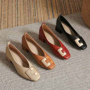 Evening style lady single-layer shoes women's shoes 2023 new popular retro commuter soft leather square toe mid-high heel grandma shoes