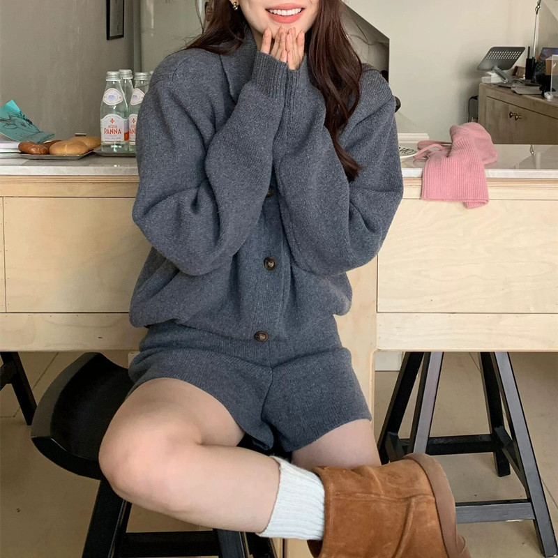 Lapel Sweater Cardigan Jacket Suit for Women in Winter with a Complete Set of Knitted Casual Shorts Gray Two-Piece Set Lapel Sweater Cardigan Jacket Suit for Women in Winter with a Complete Set of Knitted Casual Shorts Gray Two-Piece Set