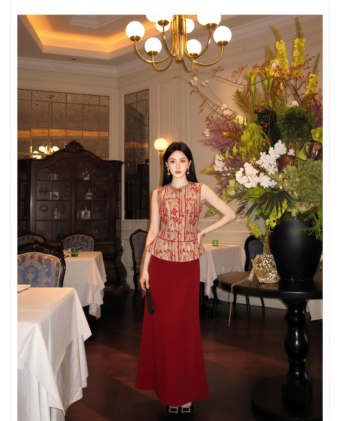 Set áo vest không tay và chân váy midi họa tiết thêu hoa văn cổ điển Trung Hoa — bộ đồ, nửa váy, Trang chủ chi tiết 10
