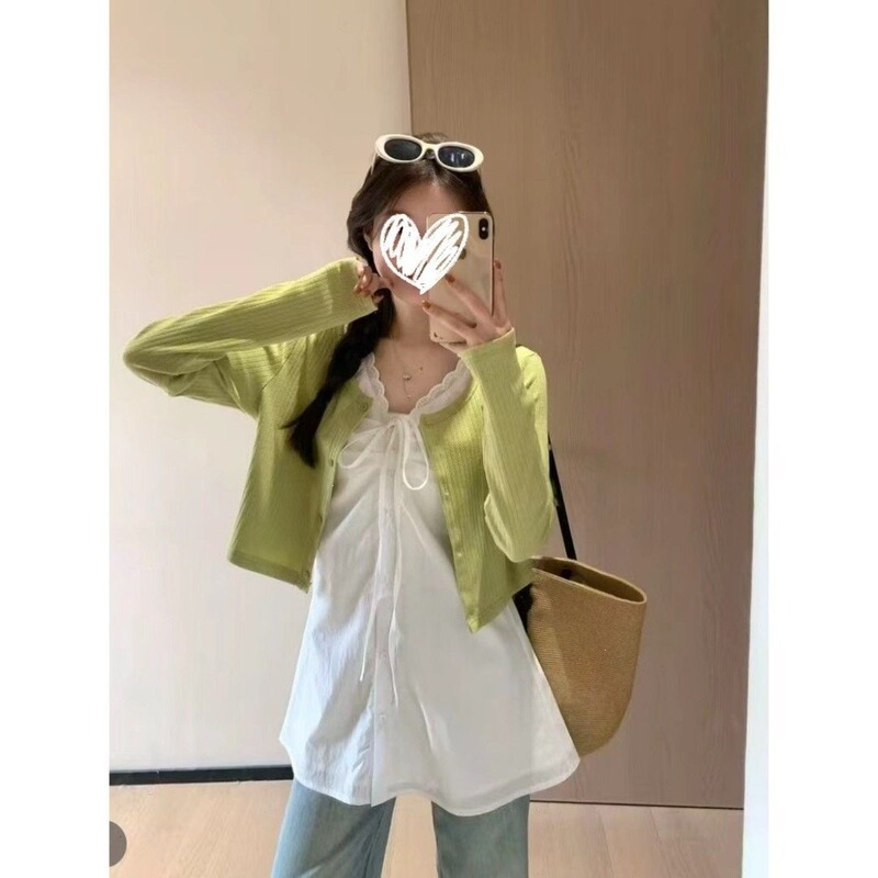 Set of White Lace Shirt, Tank Dress, and Green Knitted Cardigan, 2026 Autumn and Summer Fashion, Stylish and Elegant Two-Piece Set