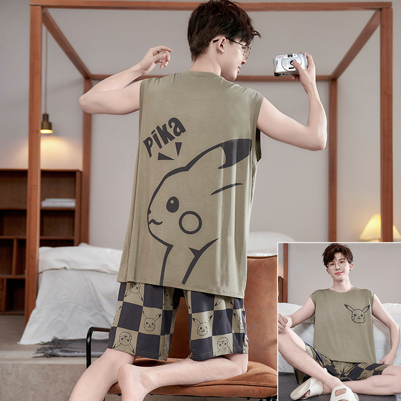 Modal Pajamas Men's Summer Thin Vest Sleeveless Shorts suit Teenagers Summer Cartoon Home Clothes 3