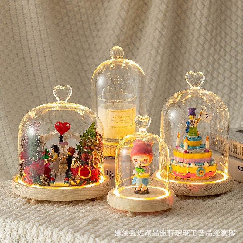 Eternal Flower Luminous Glass Cover Lego Wedding Blocks Handmade Blind Box Crafts Dust Cover Night Light Base with Lamp