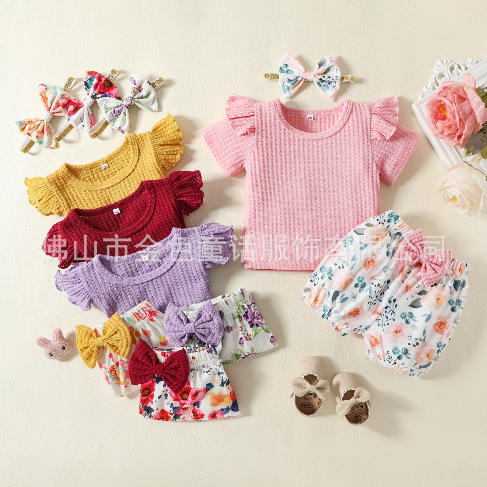 2022ins Infant Girls Summer foreign trade new product solid color waffle top printed shorts three piece set
