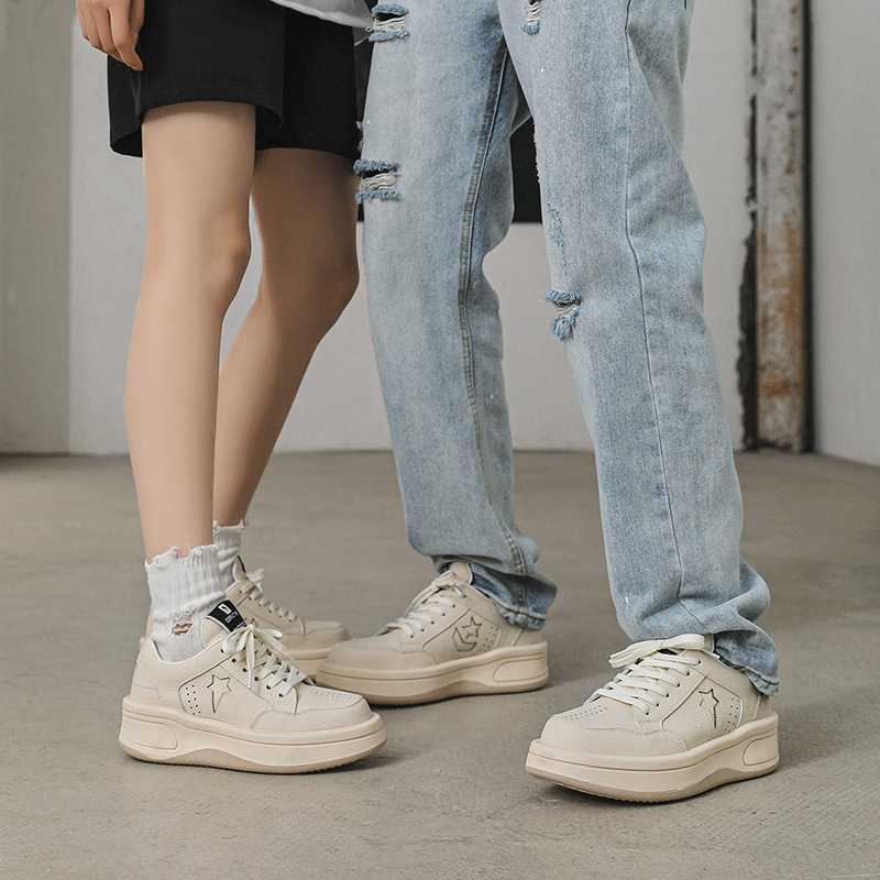 White shoes men's ins trendy height increasing 2023 new niche sneakers men's versatile sports casual daddy shoes genuine leather