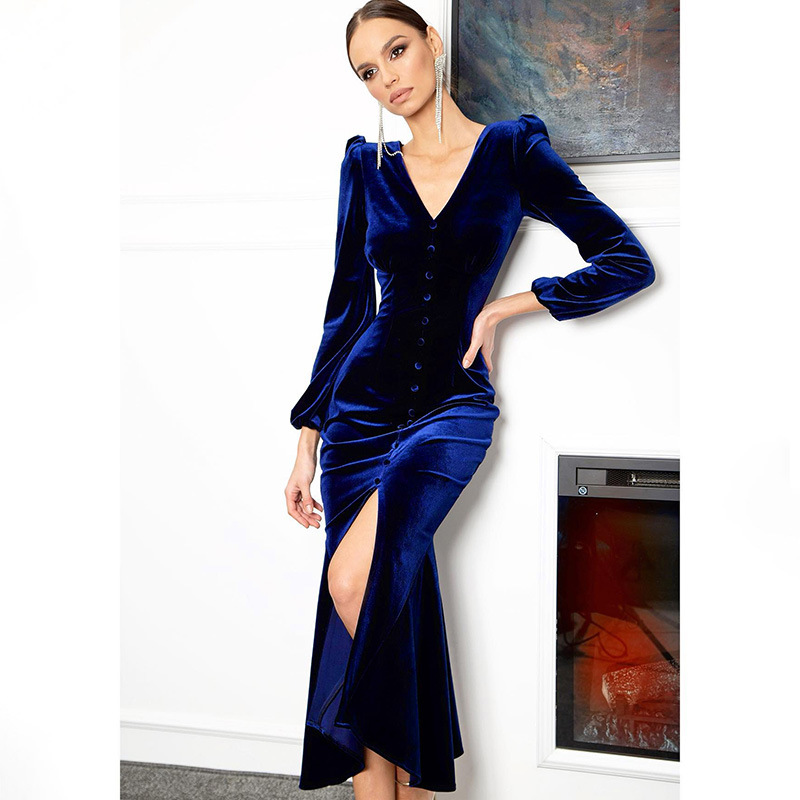 solid color knitted V-neck shoulder pad long-sleeved dress NSAFS135561