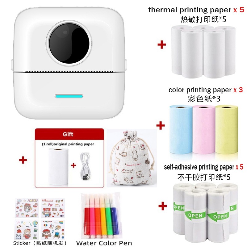 X5 화이트 [감열지 1롤 + 감열지 5롤 + 스티커 5롤 + 컬러지 3롤 + 수채펜 6개 + 스티커 + 천가방]