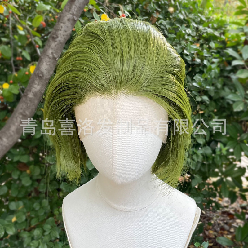Cross-border new lace wig 13x 4 yellow green olive green short hair men's wig free split chemical fiber headgear