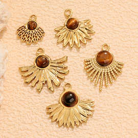 欧美INS复古轻奢天然虎眼石吊坠挂件钛钢真空电镀18K金不掉色配件