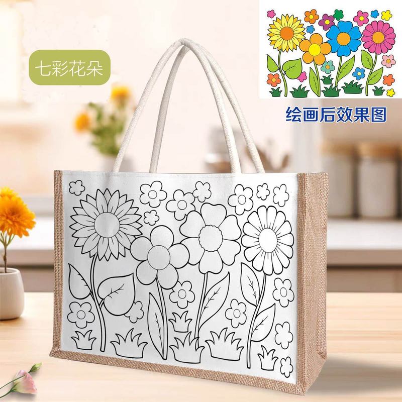 子供の手描きキャンバスバッグ diy 空白線画ポータブル落書きリネンバッグ手作り幼稚園絵画バッグ|undefined