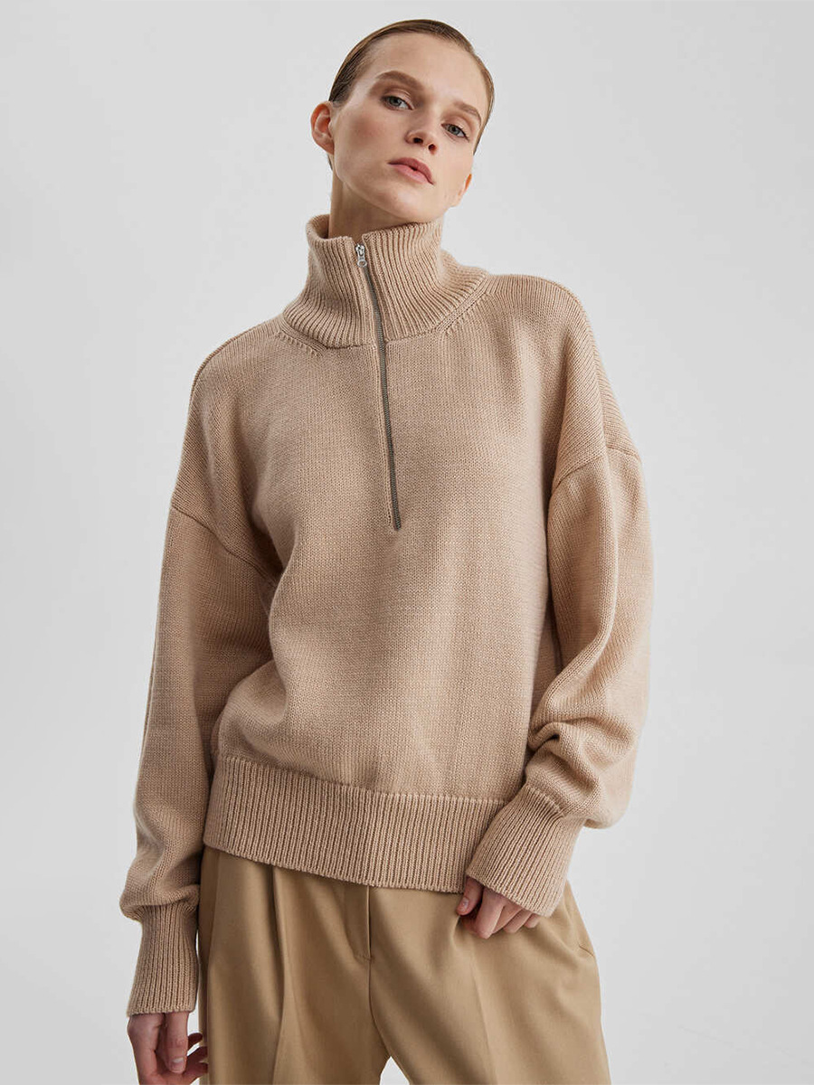 Transfronterizos de cuello medio cremallera suéter de cabeza mujer Europa y los Estados Unidos otoño y invierno 2025 nuevo suelto camiseta de punto perezosa camiseta superior