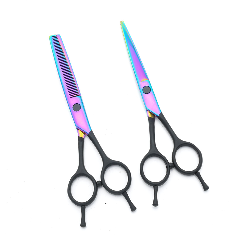 Tijeras de peluquería al por mayor de fábrica, tijeras de peluquería de color de acero inoxidable, corte de dientes de cabello fino profesional, juego de tijeras planas de corte