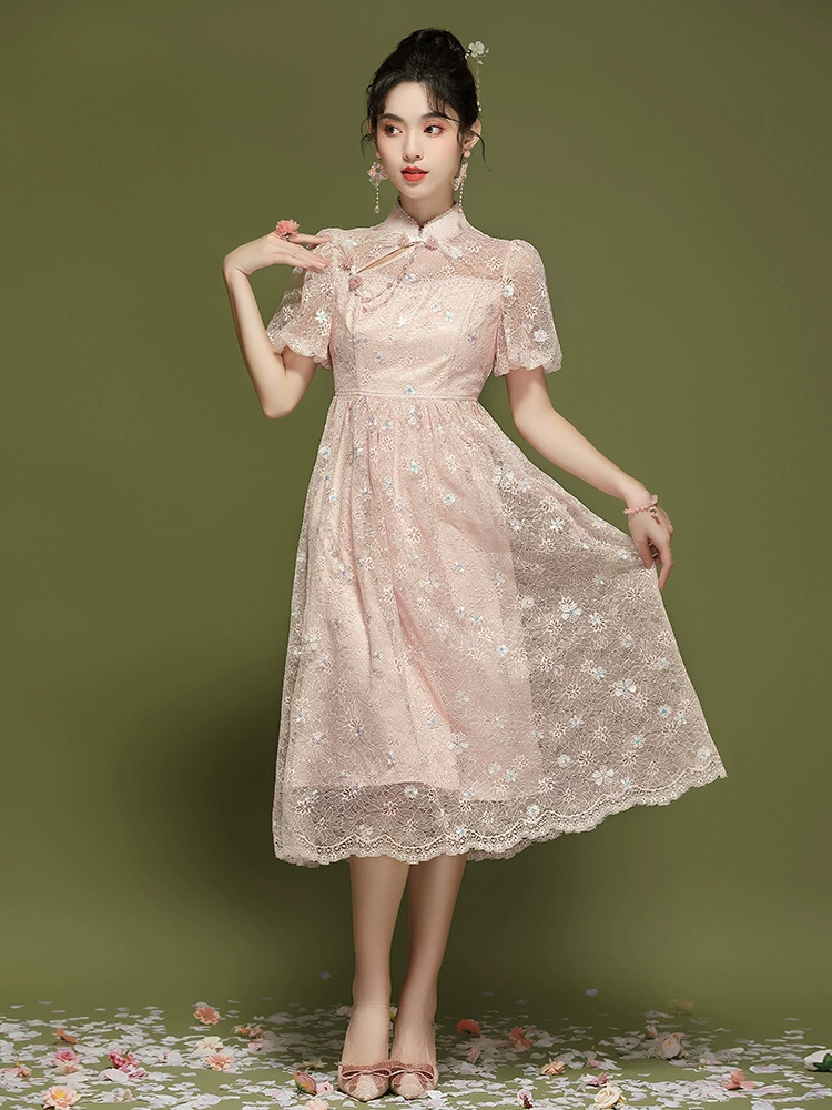 Летний кружевной чонсам, фонарик-рукав, платье с рукавами