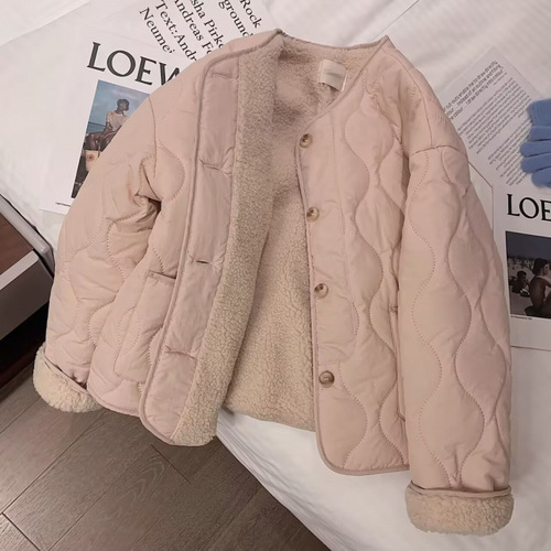 Pink Lamb's Wool Cotton Coat for Women 2025 Winter New Korean Style Thick Round Neck Lamb's Wool Outerwear Cotton Coat