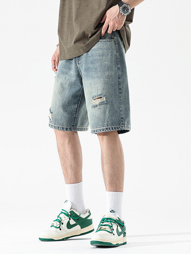 Men's American Design Style Denim Shorts 2025 Summer Hong Kong Style Ins Loose Straight Leg Casual Five-Pocket Pants