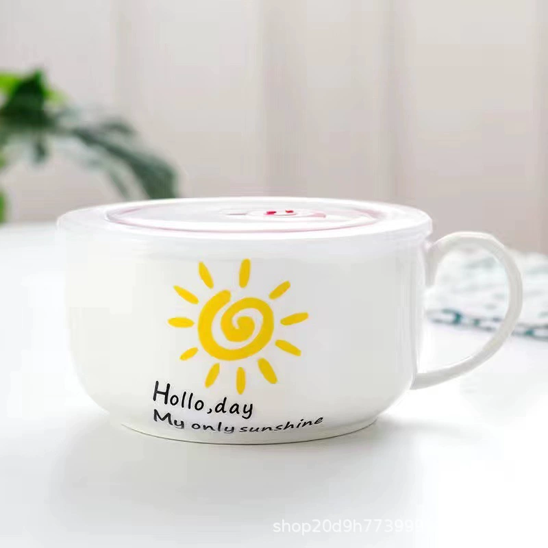 Microwave ceramic noodle bowl with lid and handle, 5.25″ and 6″, cute printed designs