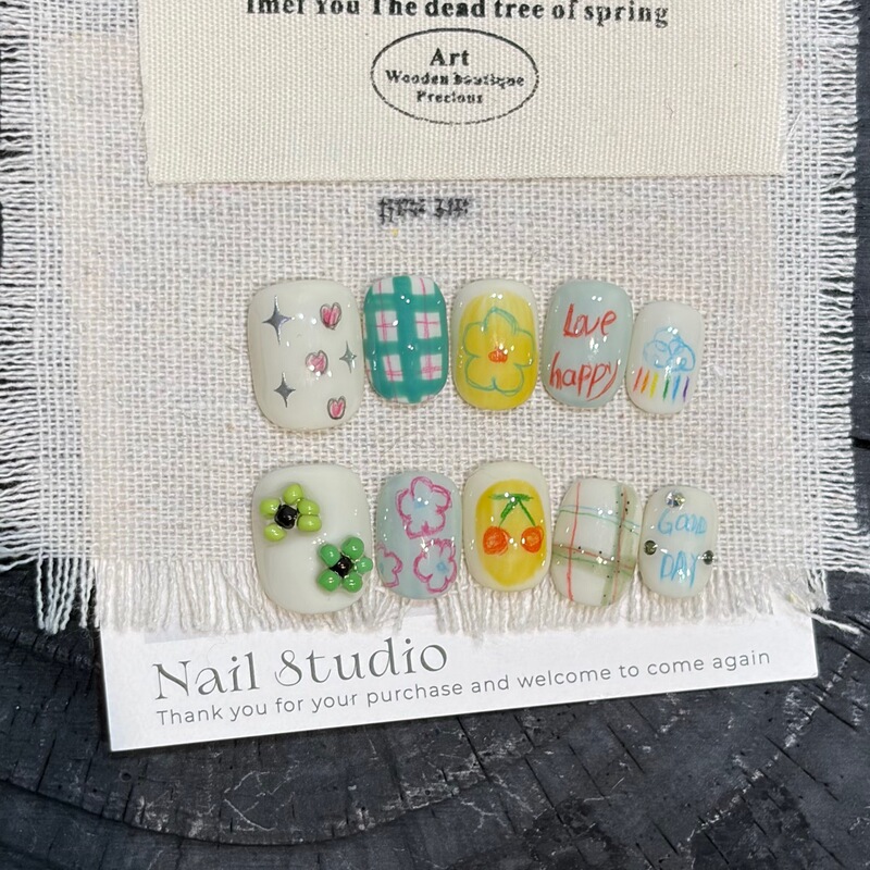 Purely Handmade Wearable Nails, Heavy Industry Niche, Pure Hand-Painted Small Flower Cherry Design, Whitening High-End Finished Nail Art Wholesale