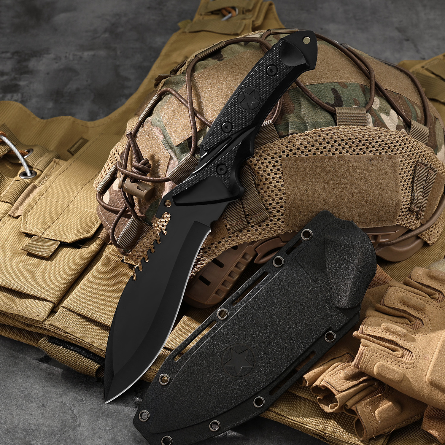 Cross-border bestseller high-hardness outdoor knife, multifunctional tactical knife for self-defense, portable K-sheath straight knife for wilderness survival and chopping wood