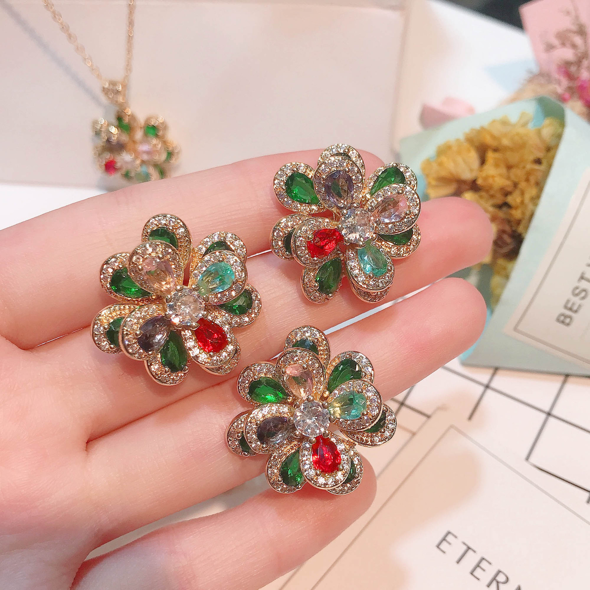 Color Tourmaline Flower Set Three-dimensional Camellia Pendant Open Ring Bracelet Earrings display picture 9