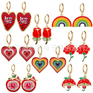 New Valentine's Day Earrings Leopard Print Peach Heart Rainbow Drop Oil Alloy Earrings Carnation Flowers Mother's Day Gift
