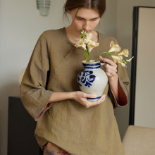 女士新款全棉双层纱布复古风拼色提花长袖睡衣家居服 可单拍