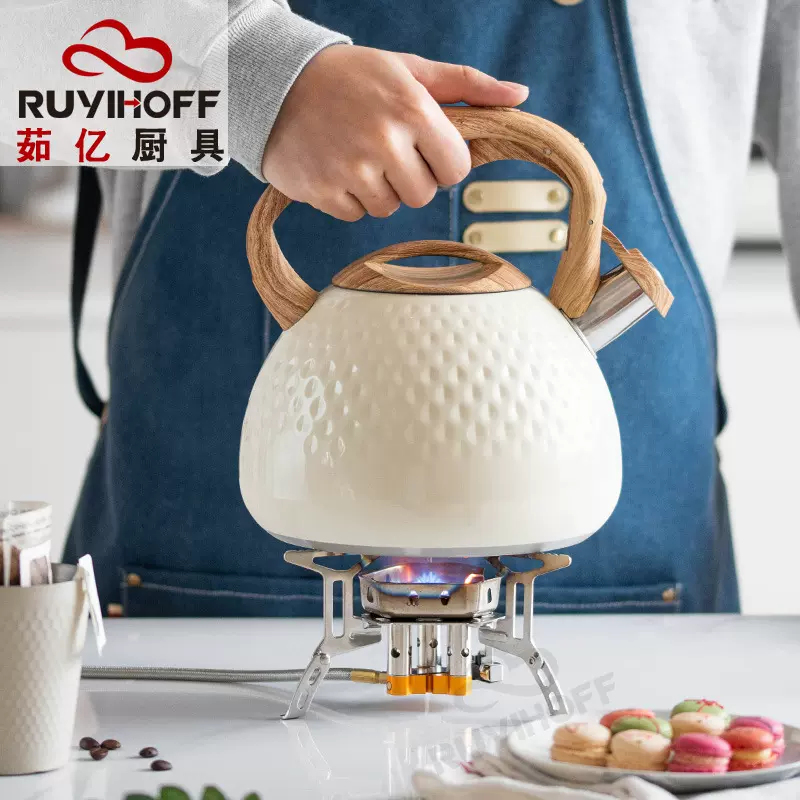 跨境新款米白锤纹鸣笛烧水壶泡茶咖啡响水壶欧美厨具平底鸣音壶3L