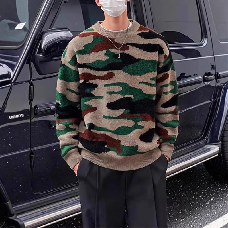 Korean Style Camouflage Round Neck Sweater 2025 Autumn and Winter New Men's Pullover Knitwear Fashionable Casual Warm Knitwear