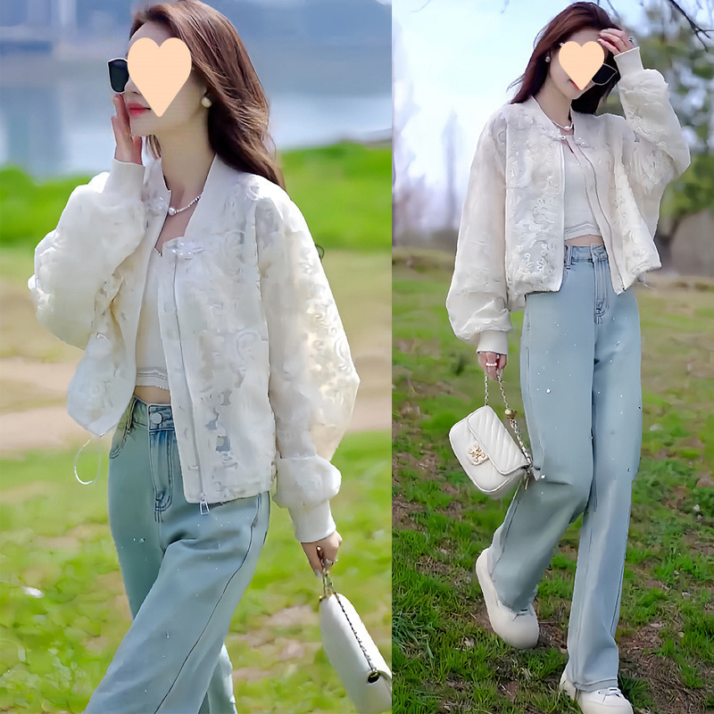Lace Jacquard Chinese Style Short Coat for Women, New Spring and Summer Baseball Jacket, Stylish and High-End Chanel-Style Top