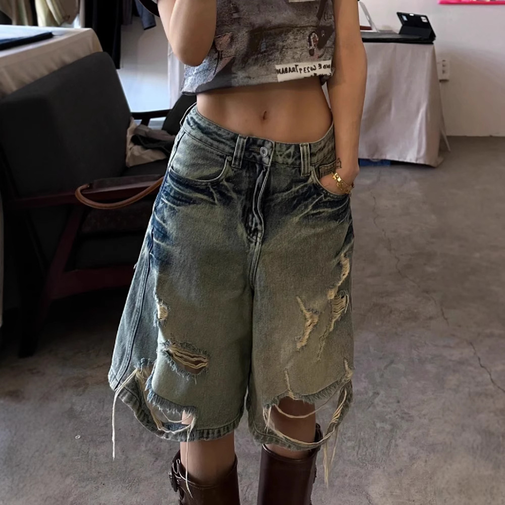 美式vibe大码水洗破洞牛仔五分裤女高街直筒宽松显瘦阔腿中裤子潮