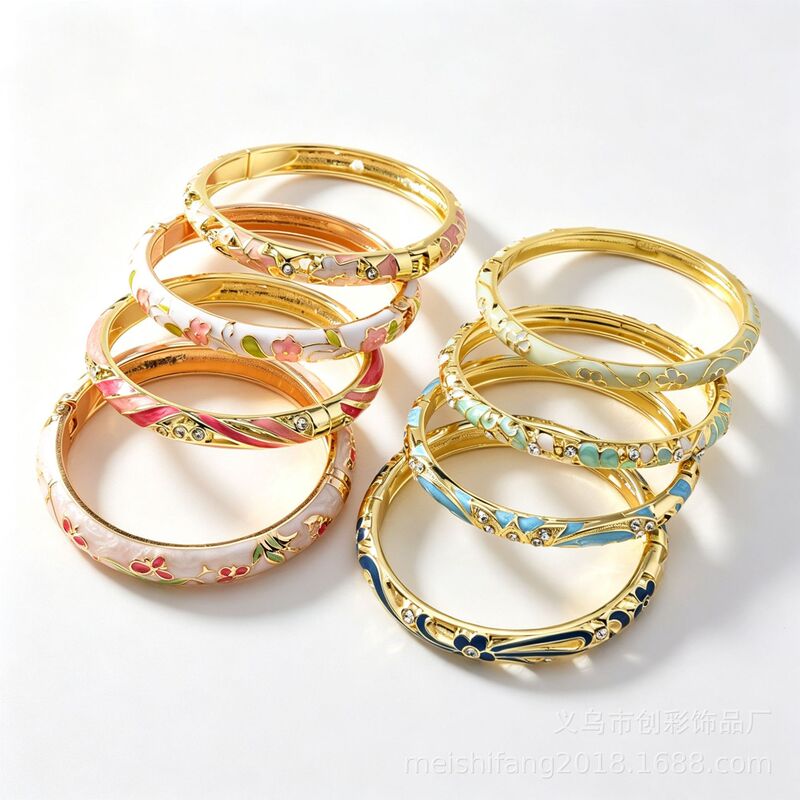 New Model Enamel Bracelet from Source Factory, in Stock, Chinese Style Floral and Scroll Pattern with Diamond Inlay, Available in Multiple Colors for Wholesale
