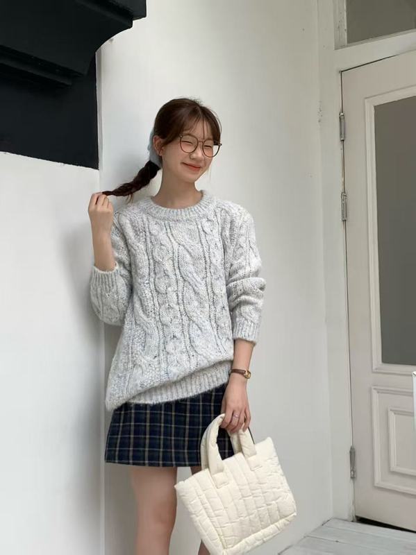 秋冬基础款麻花套头毛衣女宽松纯色软糯圆领长袖针织百搭内搭女装|undefined