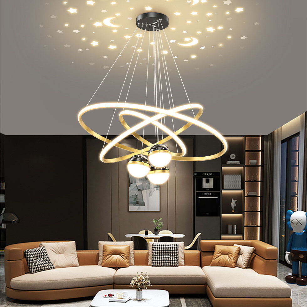 Lámpara de techo estrellada control de voz inteligente hogar círculo anillo minimalista cielo estrellado proyección sala de estar lámpara colgante grande