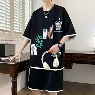 撞色休闲时尚帅气套装男夏季文艺男生潮牌休闲服一套搭配短袖短裤