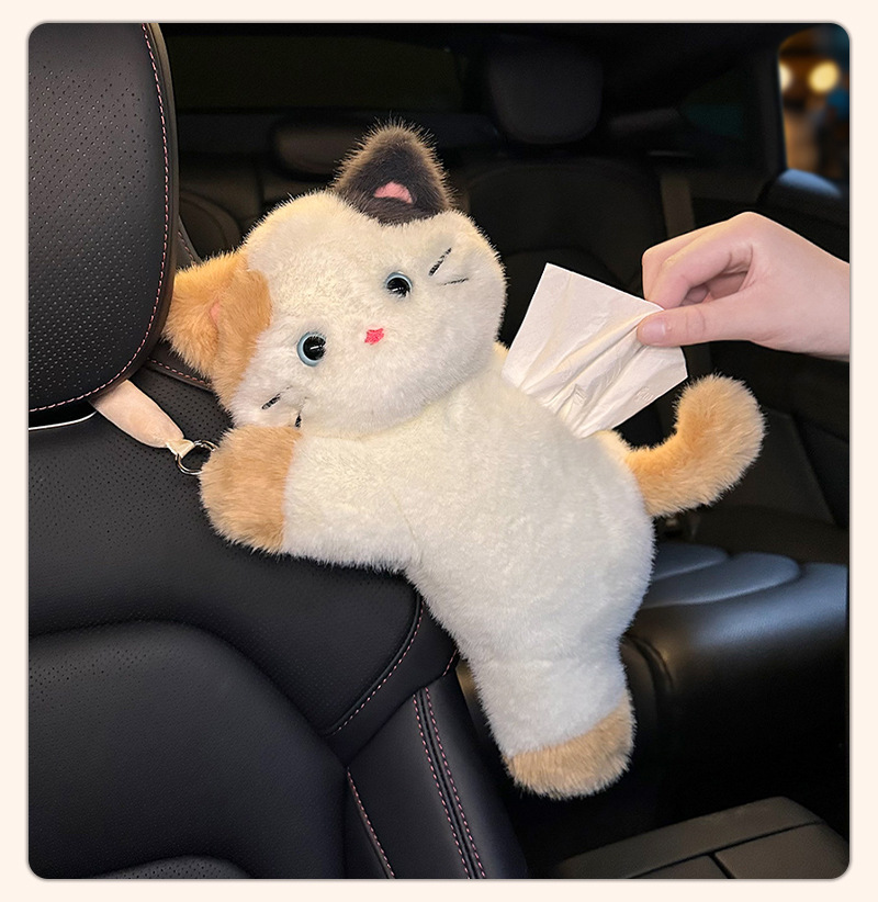 Cat Car Tissue Box, Cute Cartoon Car Seat Back Hanging Tissue Box, Creative Plush Toy Tissue Hanging Bag