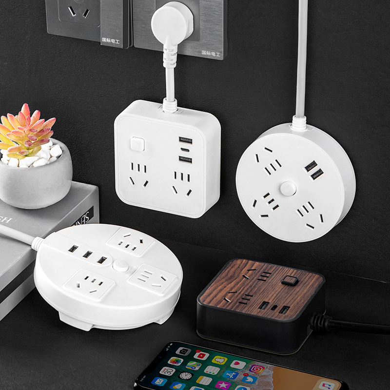 Yaqi Disc Wood Grain Desktop Socket Multi-Functional Porous with USB Mobile Phone Charging Plug Wiring Board Round Plug