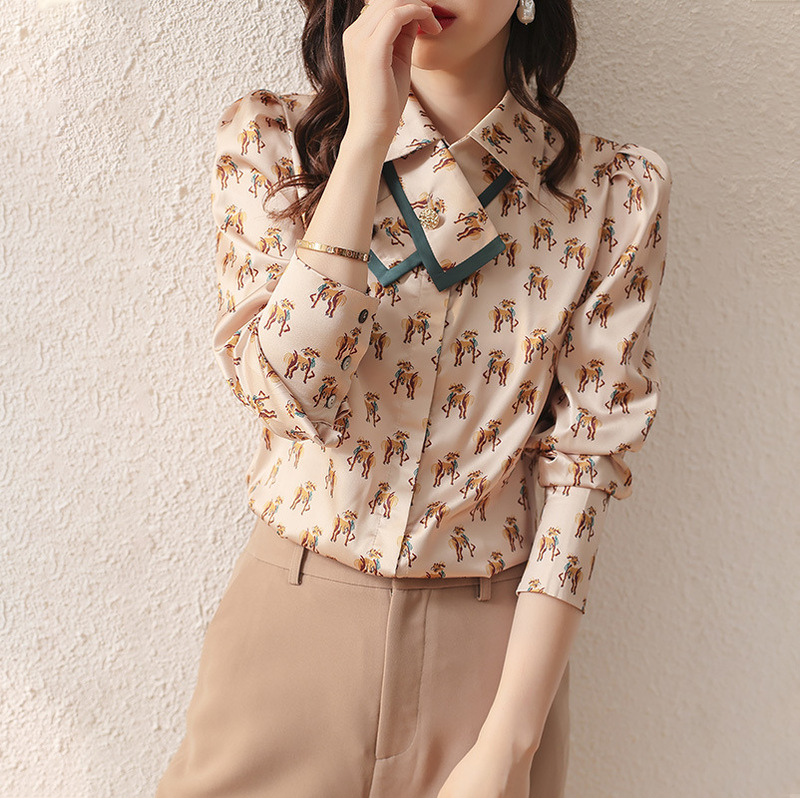 Spot Accessible Luxury Commuter Printed Shirt for Women Spring and Autum Polo Collar Puff Sleeve Button Top Contrasting Color Shirt