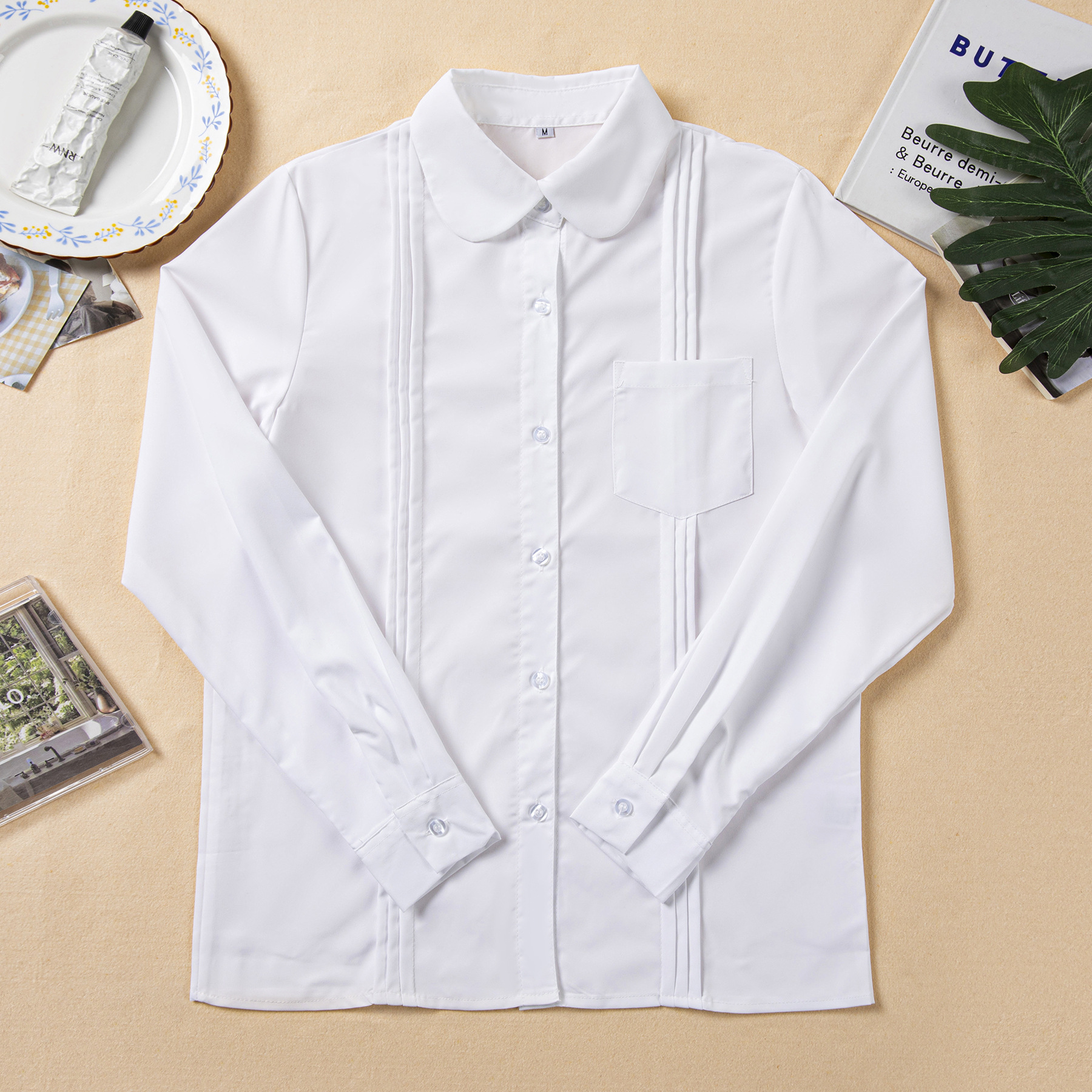 Japanese-Style College Pleated White Loose Fashion School Uniform Class Uniform Jk Graduation Season Sports Meeting Round Neck Shirt