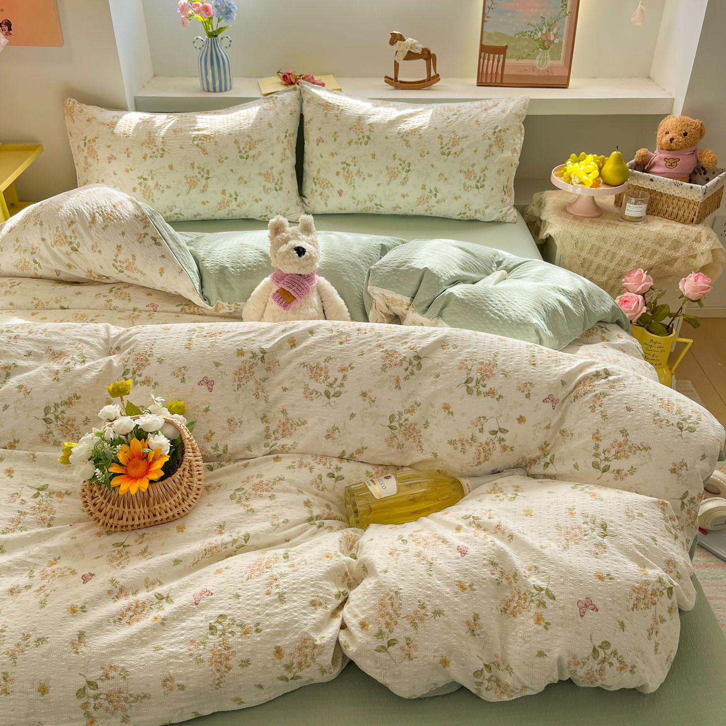 Flying among the flowers [class a maternal and infant grade puff yarn] / 【flat sheet style】0.9 three-piece set - duvet cover 150x200 cm